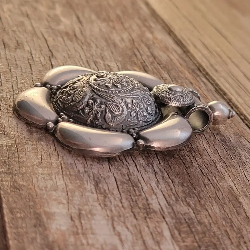 Vintage Sterling Large Boho Tribal Bird Repousee Statement Pendant